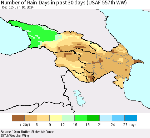 Azerbaijan, Armenia and Georgia Number of Rain Days in past 30 days (USAF 557th WW) 01/10/2024 Thematic Map For 1/6/2024 - 1/10/2024