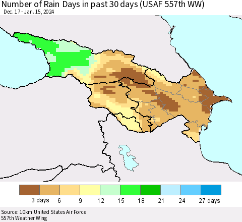 Azerbaijan, Armenia and Georgia Number of Rain Days in past 30 days (USAF 557th WW) 01/15/2024 Thematic Map For 1/11/2024 - 1/15/2024