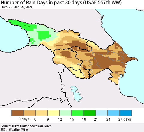 Azerbaijan, Armenia and Georgia Number of Rain Days in past 30 days (USAF 557th WW) 01/20/2024 Thematic Map For 1/16/2024 - 1/20/2024