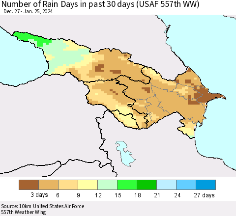 Azerbaijan, Armenia and Georgia Number of Rain Days in past 30 days (USAF 557th WW) 01/25/2024 Thematic Map For 1/21/2024 - 1/25/2024