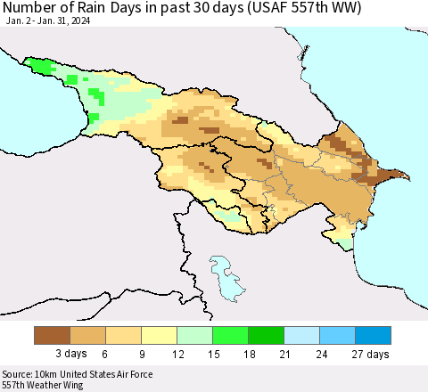Azerbaijan, Armenia and Georgia Number of Rain Days in past 30 days (USAF 557th WW) 01/31/2024 Thematic Map For 1/26/2024 - 1/31/2024