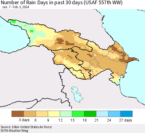Azerbaijan, Armenia and Georgia Number of Rain Days in past 30 days (USAF 557th WW) 02/05/2024 Thematic Map For 2/1/2024 - 2/5/2024