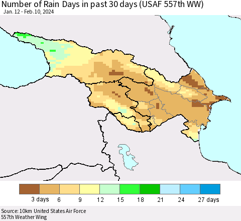 Azerbaijan, Armenia and Georgia Number of Rain Days in past 30 days (USAF 557th WW) 02/10/2024 Thematic Map For 2/6/2024 - 2/10/2024