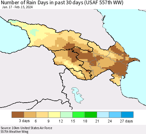 Azerbaijan, Armenia and Georgia Number of Rain Days in past 30 days (USAF 557th WW) 02/15/2024 Thematic Map For 2/11/2024 - 2/15/2024