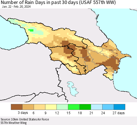 Azerbaijan, Armenia and Georgia Number of Rain Days in past 30 days (USAF 557th WW) 02/20/2024 Thematic Map For 2/16/2024 - 2/20/2024