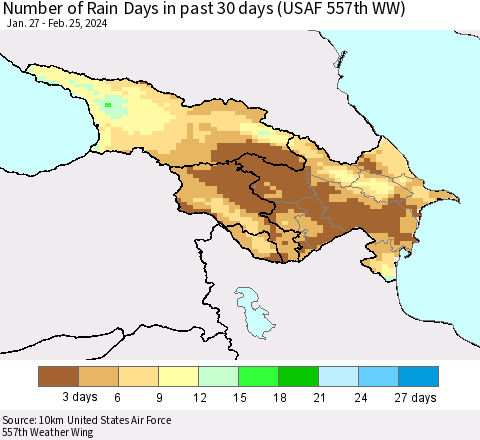 Azerbaijan, Armenia and Georgia Number of Rain Days in past 30 days (USAF 557th WW) 02/25/2024 Thematic Map For 2/21/2024 - 2/25/2024