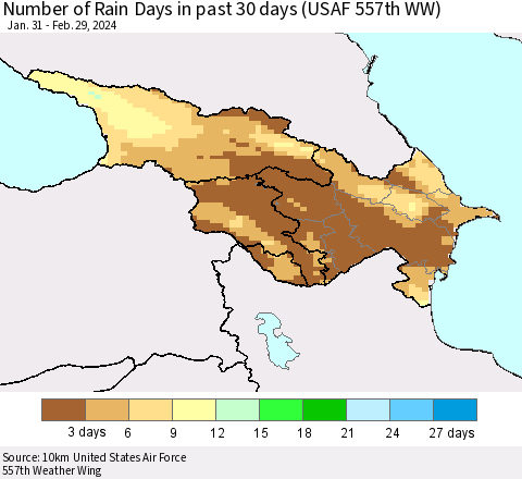 Azerbaijan, Armenia and Georgia Number of Rain Days in past 30 days (USAF 557th WW) 02/29/2024 Thematic Map For 2/26/2024 - 2/29/2024