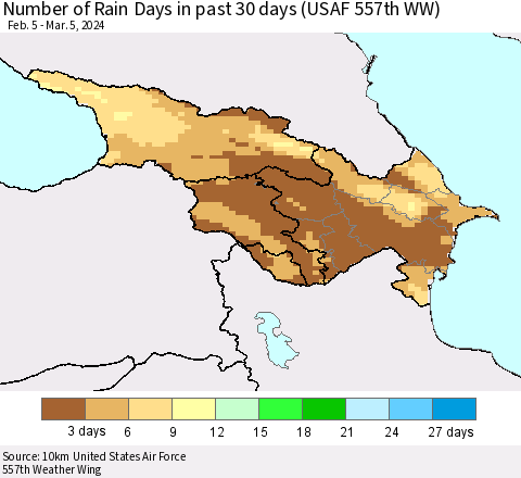 Azerbaijan, Armenia and Georgia Number of Rain Days in past 30 days (USAF 557th WW) 03/05/2024 Thematic Map For 3/1/2024 - 3/5/2024