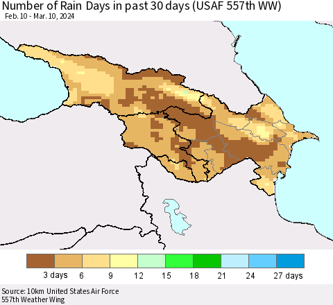 Azerbaijan, Armenia and Georgia Number of Rain Days in past 30 days (USAF 557th WW) 03/10/2024 Thematic Map For 3/6/2024 - 3/10/2024