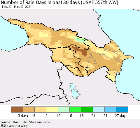 Azerbaijan, Armenia and Georgia Number of Rain Days in past 30 days (USAF 557th WW) 03/20/2024 Thematic Map For 3/16/2024 - 3/20/2024