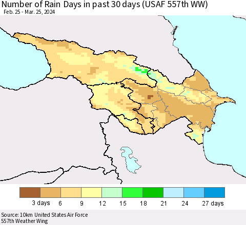 Azerbaijan, Armenia and Georgia Number of Rain Days in past 30 days (USAF 557th WW) 03/25/2024 Thematic Map For 3/21/2024 - 3/25/2024