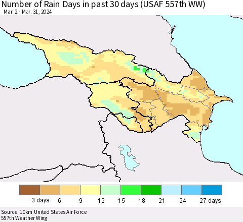 Azerbaijan, Armenia and Georgia Number of Rain Days in past 30 days (USAF 557th WW) 03/31/2024 Thematic Map For 3/26/2024 - 3/31/2024