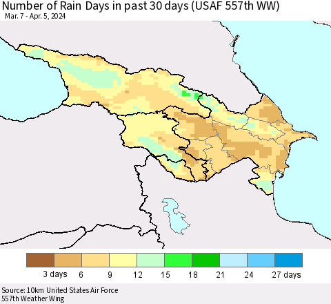 Azerbaijan, Armenia and Georgia Number of Rain Days in past 30 days (USAF 557th WW) 04/05/2024 Thematic Map For 4/1/2024 - 4/5/2024
