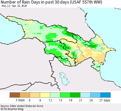 Azerbaijan, Armenia and Georgia Number of Rain Days in past 30 days (USAF 557th WW) 04/10/2024 Thematic Map For 4/6/2024 - 4/10/2024