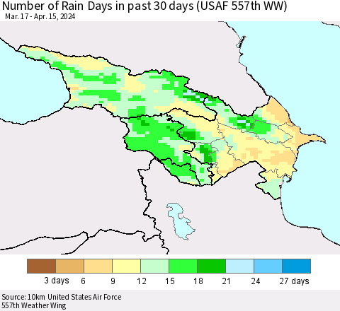 Azerbaijan, Armenia and Georgia Number of Rain Days in past 30 days (USAF 557th WW) 04/15/2024 Thematic Map For 4/11/2024 - 4/15/2024