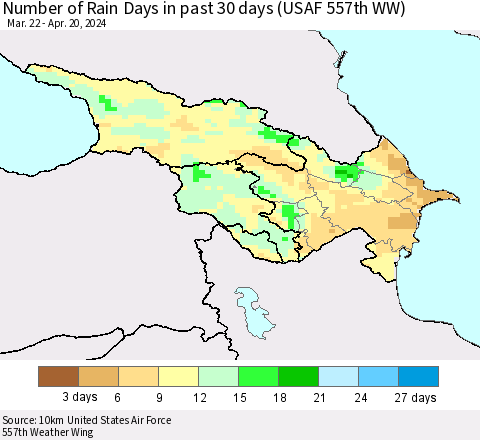 Azerbaijan, Armenia and Georgia Number of Rain Days in past 30 days (USAF 557th WW) 04/20/2024 Thematic Map For 4/16/2024 - 4/20/2024