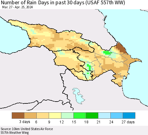 Azerbaijan, Armenia and Georgia Number of Rain Days in past 30 days (USAF 557th WW) 04/25/2024 Thematic Map For 4/21/2024 - 4/25/2024