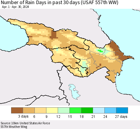 Azerbaijan, Armenia and Georgia Number of Rain Days in past 30 days (USAF 557th WW) 04/30/2024 Thematic Map For 4/26/2024 - 4/30/2024
