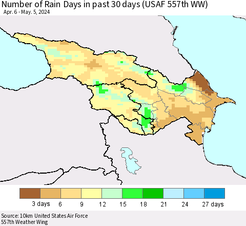 Azerbaijan, Armenia and Georgia Number of Rain Days in past 30 days (USAF 557th WW) 05/05/2024 Thematic Map For 5/1/2024 - 5/5/2024
