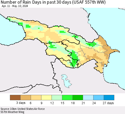 Azerbaijan, Armenia and Georgia Number of Rain Days in past 30 days (USAF 557th WW) 05/10/2024 Thematic Map For 5/6/2024 - 5/10/2024