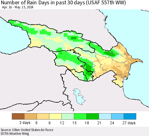 Azerbaijan, Armenia and Georgia Number of Rain Days in past 30 days (USAF 557th WW) 05/15/2024 Thematic Map For 5/11/2024 - 5/15/2024