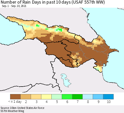 Azerbaijan, Armenia and Georgia Number of Rain Days in past 10 days (USAF 557th WW) Thematic Map For 9/6/2021 - 9/10/2021
