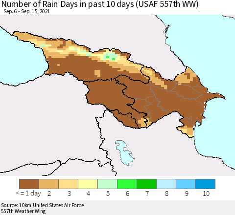 Azerbaijan, Armenia and Georgia Number of Rain Days in past 10 days (USAF 557th WW) Thematic Map For 9/11/2021 - 9/15/2021