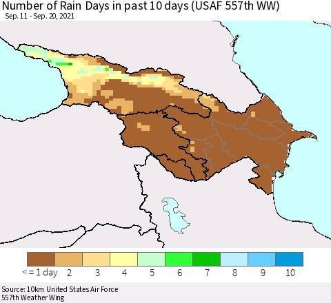 Azerbaijan, Armenia and Georgia Number of Rain Days in past 10 days (USAF 557th WW) Thematic Map For 9/16/2021 - 9/20/2021
