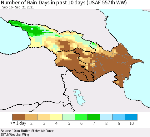 Azerbaijan, Armenia and Georgia Number of Rain Days in past 10 days (USAF 557th WW) Thematic Map For 9/21/2021 - 9/25/2021