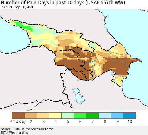 Azerbaijan, Armenia and Georgia Number of Rain Days in past 10 days (USAF 557th WW) Thematic Map For 9/26/2021 - 9/30/2021