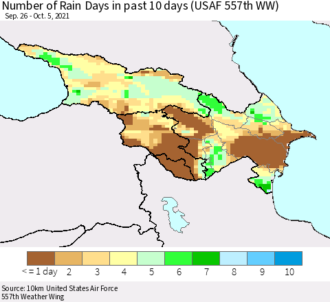 Azerbaijan, Armenia and Georgia Number of Rain Days in past 10 days (USAF 557th WW) Thematic Map For 10/1/2021 - 10/5/2021