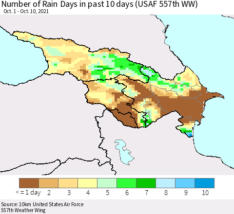 Azerbaijan, Armenia and Georgia Number of Rain Days in past 10 days (USAF 557th WW) Thematic Map For 10/6/2021 - 10/10/2021