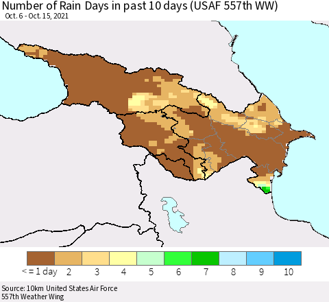 Azerbaijan, Armenia and Georgia Number of Rain Days in past 10 days (USAF 557th WW) Thematic Map For 10/11/2021 - 10/15/2021