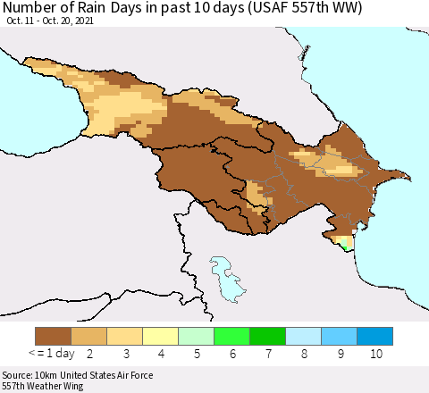 Azerbaijan, Armenia and Georgia Number of Rain Days in past 10 days (USAF 557th WW) Thematic Map For 10/16/2021 - 10/20/2021
