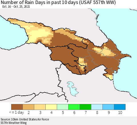 Azerbaijan, Armenia and Georgia Number of Rain Days in past 10 days (USAF 557th WW) Thematic Map For 10/21/2021 - 10/25/2021
