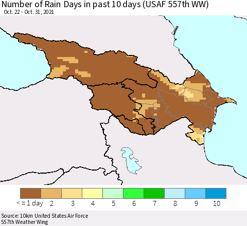 Azerbaijan, Armenia and Georgia Number of Rain Days in past 10 days (USAF 557th WW) Thematic Map For 10/26/2021 - 10/31/2021