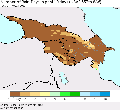 Azerbaijan, Armenia and Georgia Number of Rain Days in past 10 days (USAF 557th WW) Thematic Map For 11/1/2021 - 11/5/2021