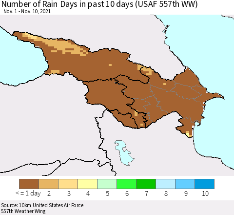 Azerbaijan, Armenia and Georgia Number of Rain Days in past 10 days (USAF 557th WW) Thematic Map For 11/6/2021 - 11/10/2021