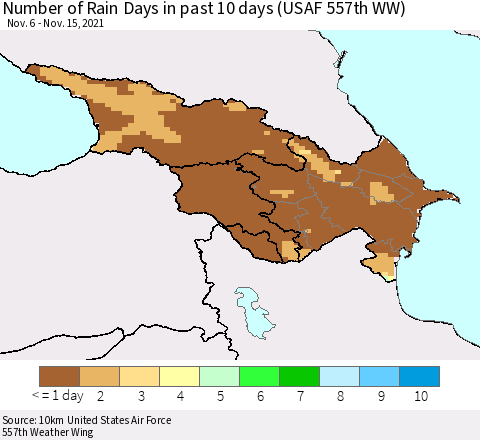 Azerbaijan, Armenia and Georgia Number of Rain Days in past 10 days (USAF 557th WW) Thematic Map For 11/11/2021 - 11/15/2021