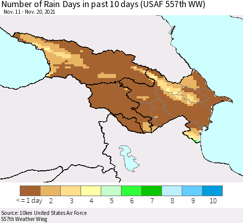 Azerbaijan, Armenia and Georgia Number of Rain Days in past 10 days (USAF 557th WW) Thematic Map For 11/16/2021 - 11/20/2021