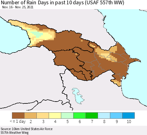 Azerbaijan, Armenia and Georgia Number of Rain Days in past 10 days (USAF 557th WW) Thematic Map For 11/21/2021 - 11/25/2021