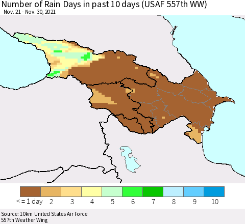 Azerbaijan, Armenia and Georgia Number of Rain Days in past 10 days (USAF 557th WW) Thematic Map For 11/26/2021 - 11/30/2021