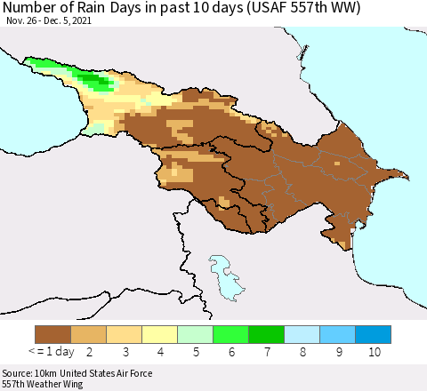 Azerbaijan, Armenia and Georgia Number of Rain Days in past 10 days (USAF 557th WW) Thematic Map For 12/1/2021 - 12/5/2021