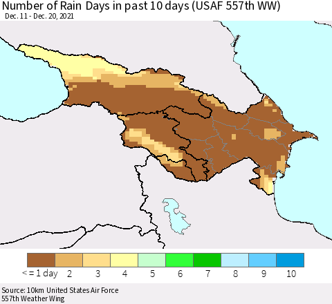 Azerbaijan, Armenia and Georgia Number of Rain Days in past 10 days (USAF 557th WW) Thematic Map For 12/16/2021 - 12/20/2021