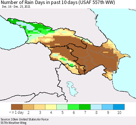 Azerbaijan, Armenia and Georgia Number of Rain Days in past 10 days (USAF 557th WW) Thematic Map For 12/21/2021 - 12/25/2021