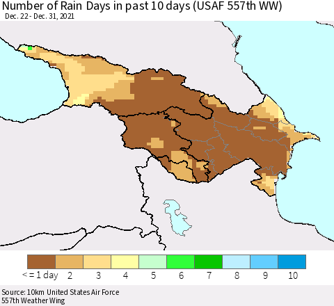 Azerbaijan, Armenia and Georgia Number of Rain Days in past 10 days (USAF 557th WW) Thematic Map For 12/26/2021 - 12/31/2021
