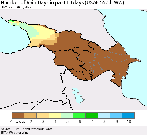 Azerbaijan, Armenia and Georgia Number of Rain Days in past 10 days (USAF 557th WW) Thematic Map For 1/1/2022 - 1/5/2022