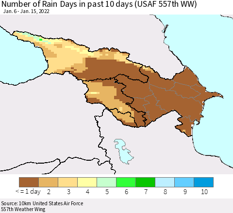 Azerbaijan, Armenia and Georgia Number of Rain Days in past 10 days (USAF 557th WW) Thematic Map For 1/11/2022 - 1/15/2022