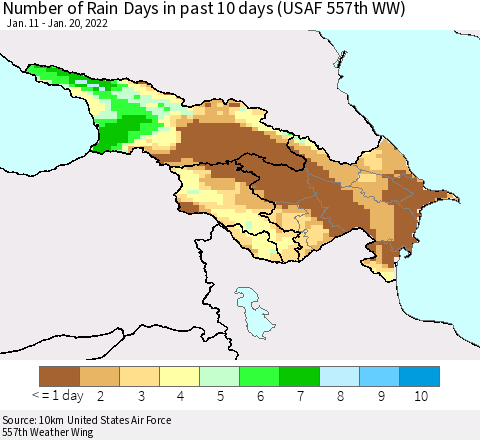 Azerbaijan, Armenia and Georgia Number of Rain Days in past 10 days (USAF 557th WW) Thematic Map For 1/16/2022 - 1/20/2022