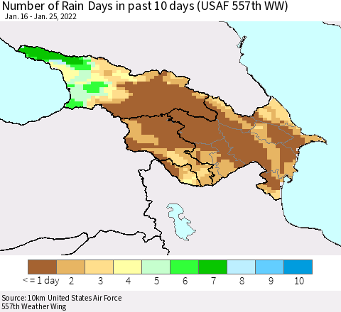Azerbaijan, Armenia and Georgia Number of Rain Days in past 10 days (USAF 557th WW) Thematic Map For 1/21/2022 - 1/25/2022